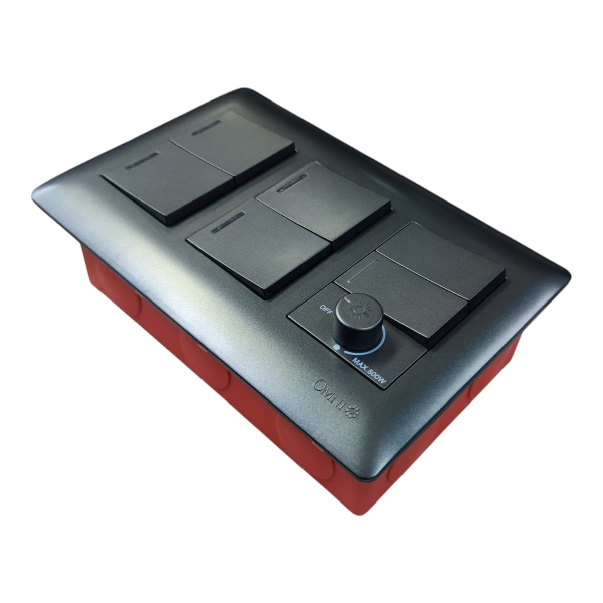 A modern 4-way light switch panel with a matte black top plate and a red base, shown at an angle on a plain white background.