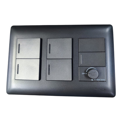 A modern black multi-switch wall plate featuring two four-light switches on the left and a control panel with a rotary dial on the right, shown against a plain white background.