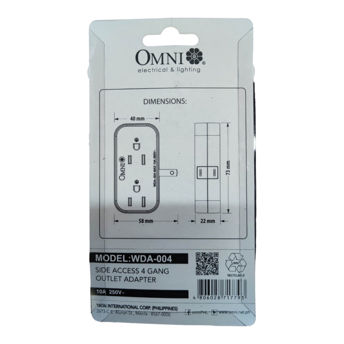 OMNI Electrical & Lighting side access 4 gang outlet adapter in its original retail packaging, model WDA-004, 10A 250V.