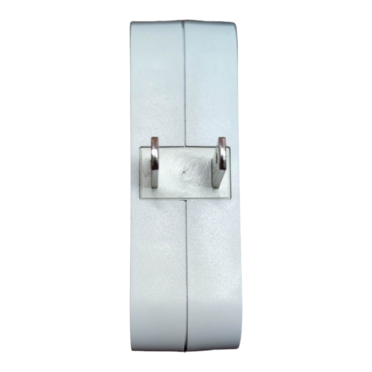 A white wall-mounted hook with two silver metal hanging loops, shown against a plain white background.