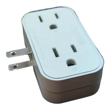 A compact travel adapter plug with a white faceplate and two silver metal prongs, shown on a plain white background.