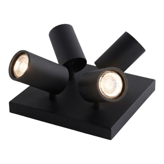 A modern black multi-light track spotlight fixture with four adjustable cylindrical heads mounted on a square base, shown against a plain white background.