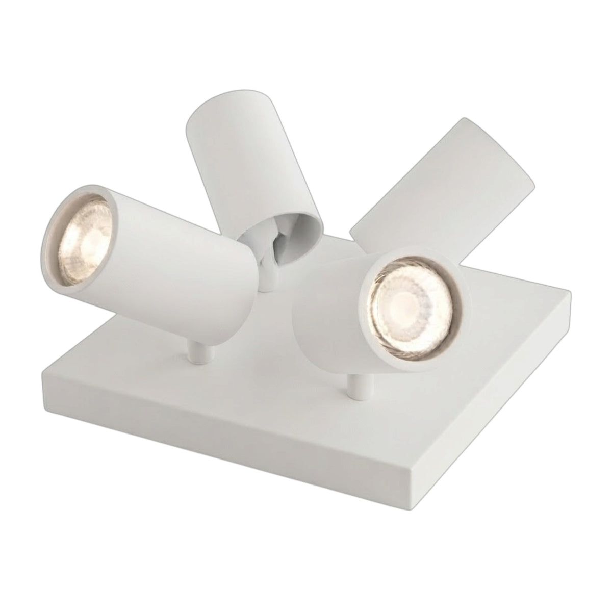 A modern three-light track ceiling fixture in matte white, featuring three adjustable cylindrical spotlight heads mounted on a square base, shown against a plain white background.