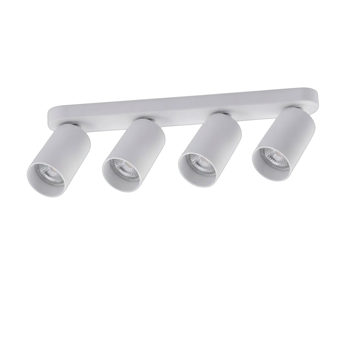 A modern four-light linear ceiling track light fixture in a matte white finish, featuring four adjustable cylindrical spotlight heads on a plain white background.