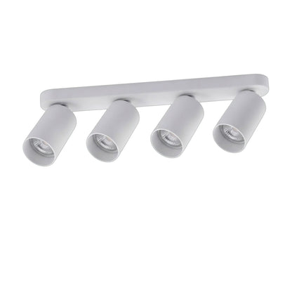 A modern four-light linear ceiling track light fixture in a matte white finish, featuring four adjustable cylindrical spotlight heads on a plain white background.