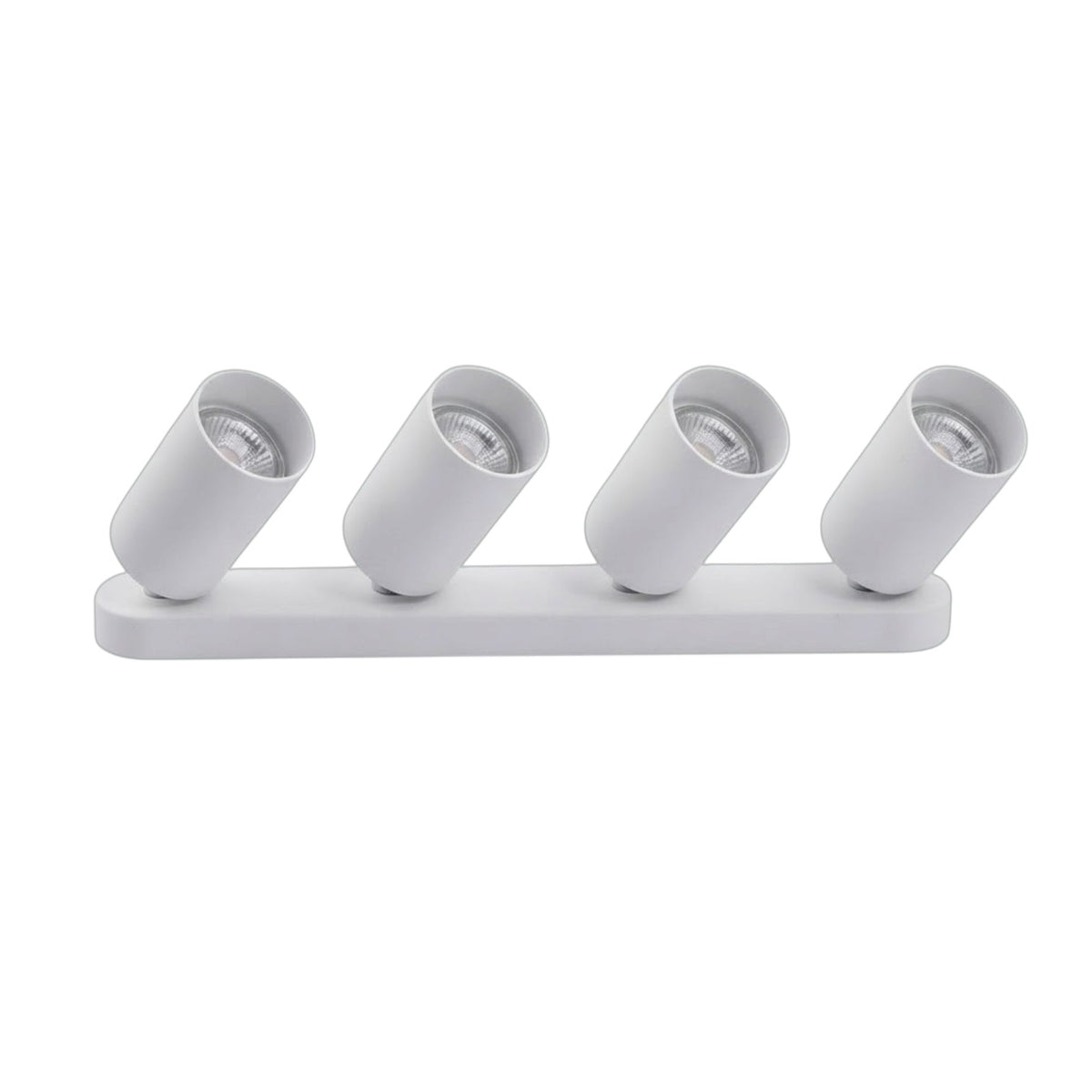 A modern four-light vanity wall sconce with cylindrical adjustable heads on a slim rectangular base, shown in white against a plain white background.