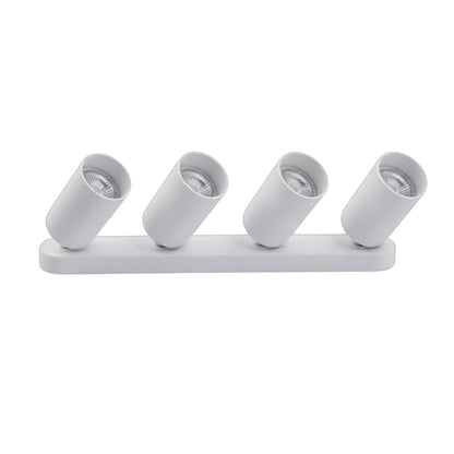 A modern four-light vanity wall sconce with cylindrical adjustable heads on a slim rectangular base, shown in white against a plain white background.