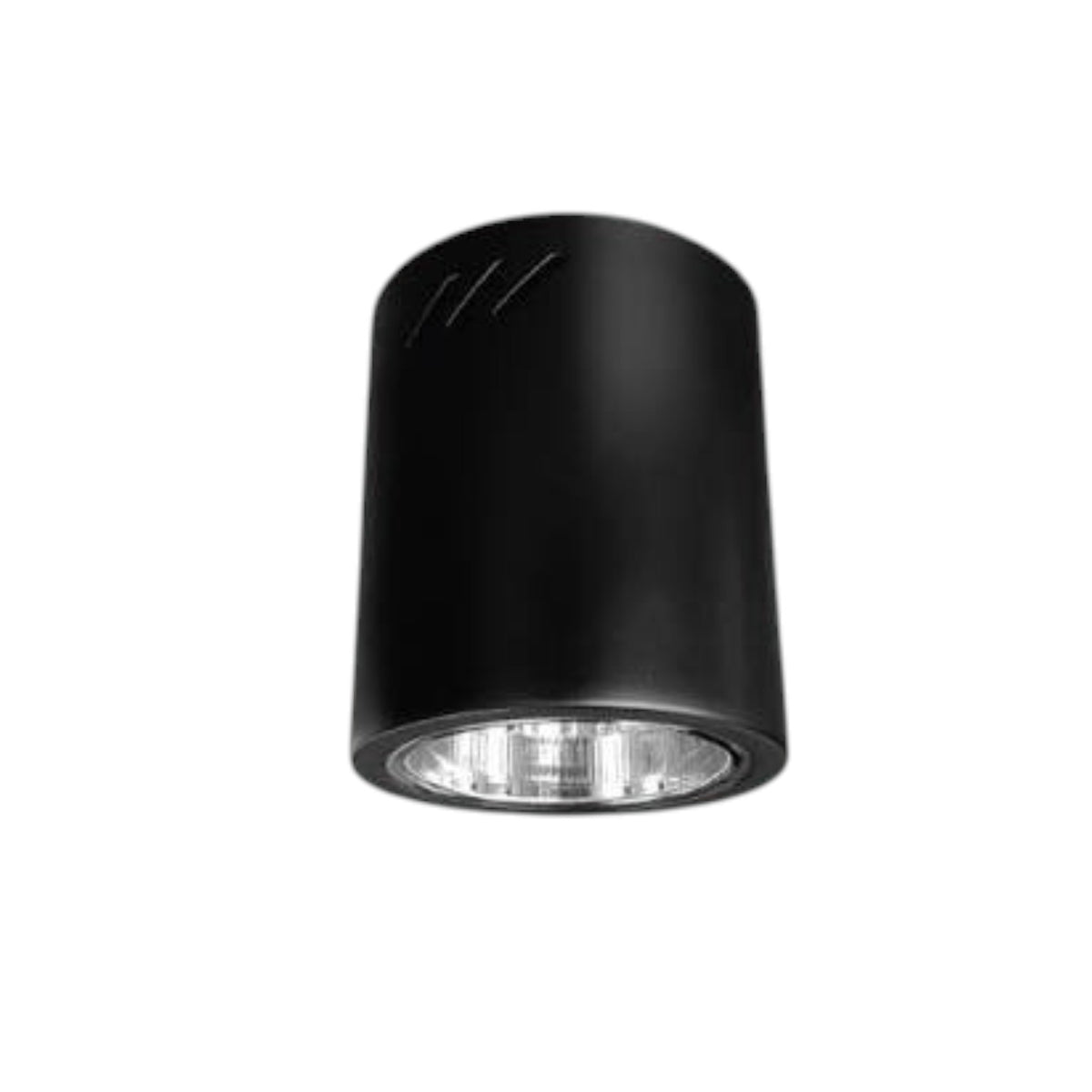 A matte black cylindrical ceiling light fixture with a silver reflective interior, shown against a plain white background.