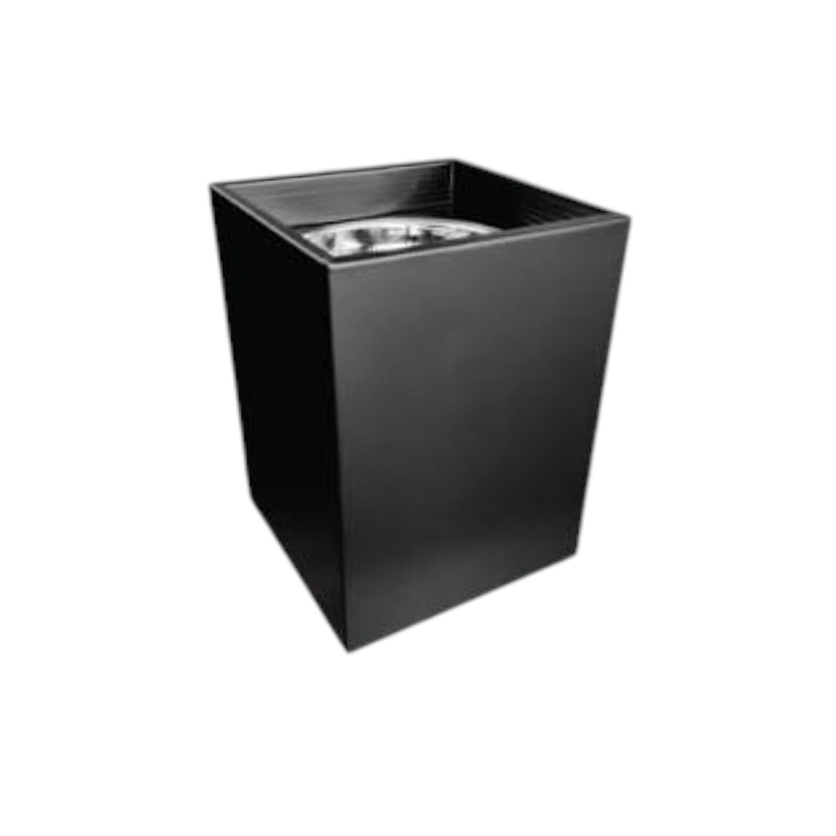 A modern square black metal planter or fire pit with a textured inner surface, shown on a plain white background.