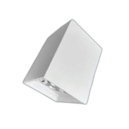 A white square wall sconce with a tapered, geometric design and a visible light bulb inside, shown on a plain white background.