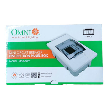 OMNI Electrical & Lighting Mini Circuit Breaker Distribution Panel Box model MDB-04PP, shown in its retail packaging box against a white background.