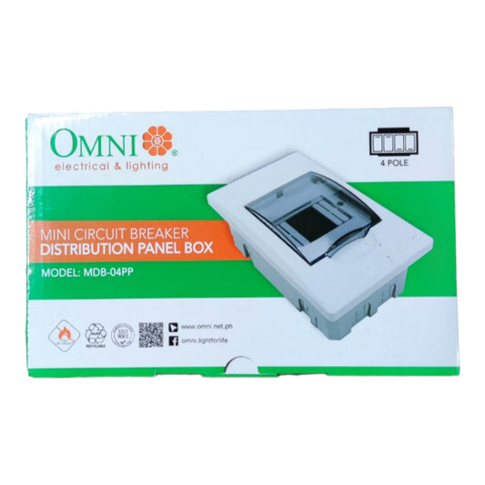 OMNI Electrical & Lighting Mini Circuit Breaker Distribution Panel Box model MDB-04PP, shown in its retail packaging box against a white background.