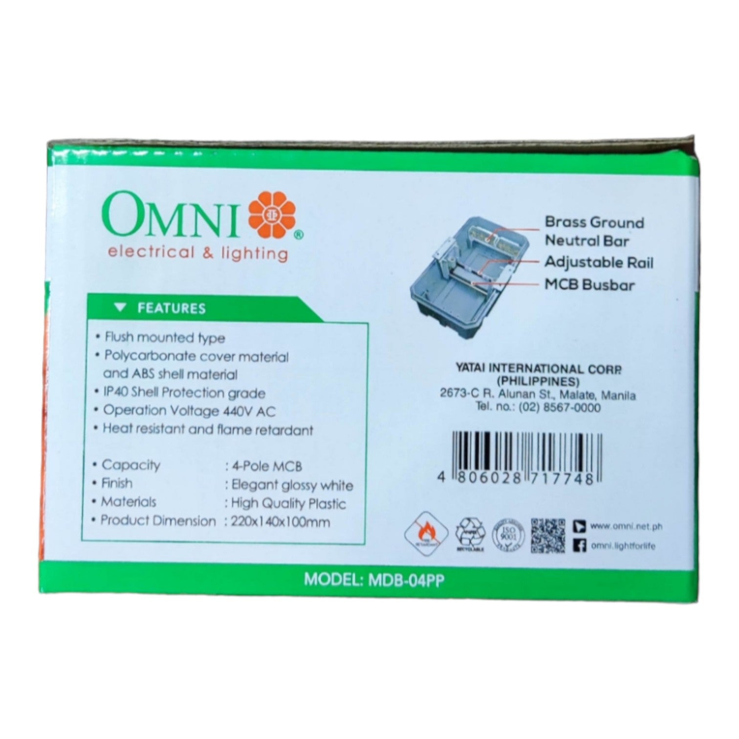 The product packaging box for an Omni Electrical & Lighting MDB-04PP MCB Busbar, featuring a white box with green borders and a blue illustration of the product on the front.
