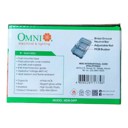 The product packaging box for an Omni Electrical & Lighting MDB-04PP MCB Busbar, featuring a white box with green borders and a blue illustration of the product on the front.