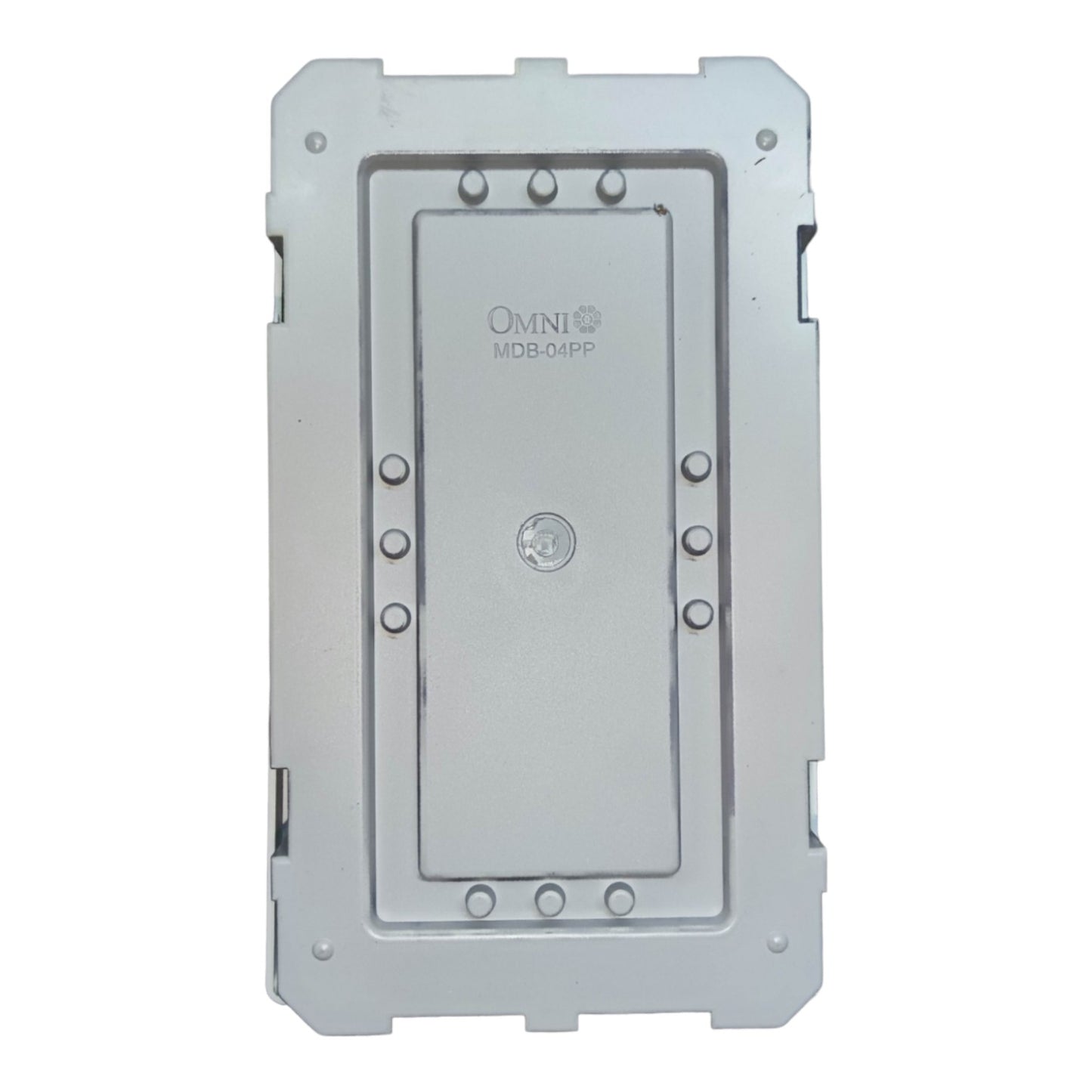 A silver-gray metal mounting bracket or enclosure plate with pre-drilled screw holes and the 'OMNI MDB04PP' logo printed on the front, shown against a plain white background.