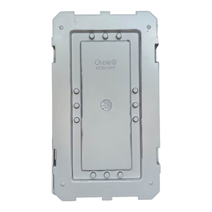 A silver-gray metal mounting bracket or enclosure plate with pre-drilled screw holes and the 'OMNI MDB04PP' logo printed on the front, shown against a plain white background.