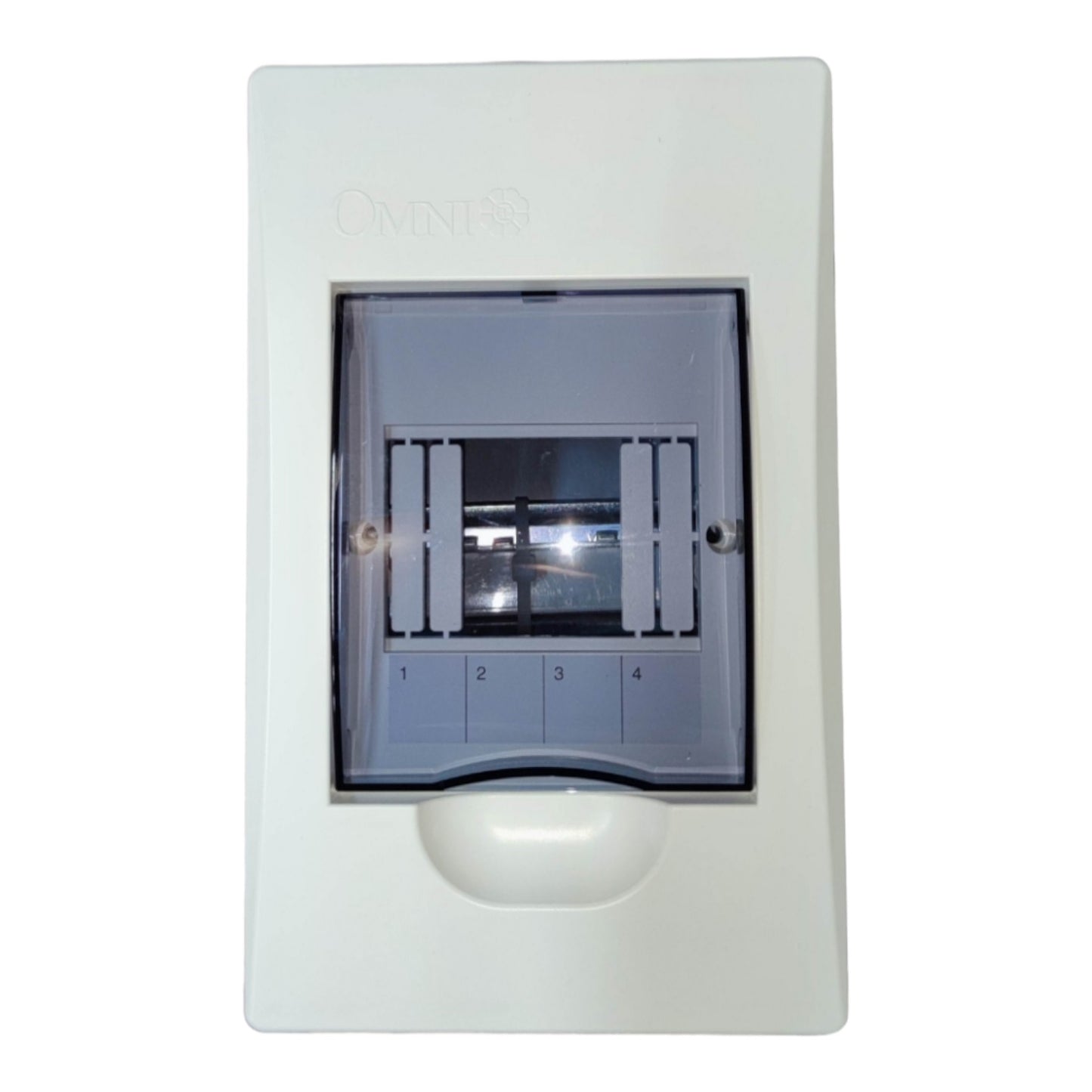 An Omnilife electrical distribution board cover, featuring a white plastic outer casing with a translucent gray protective door showing four circuit breakers inside, set against a plain white background.
