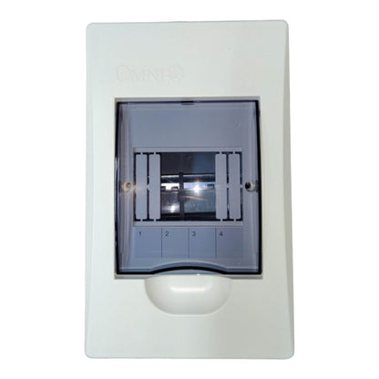 An Omnilife electrical distribution board cover, featuring a white plastic outer casing with a translucent gray protective door showing four circuit breakers inside, set against a plain white background.