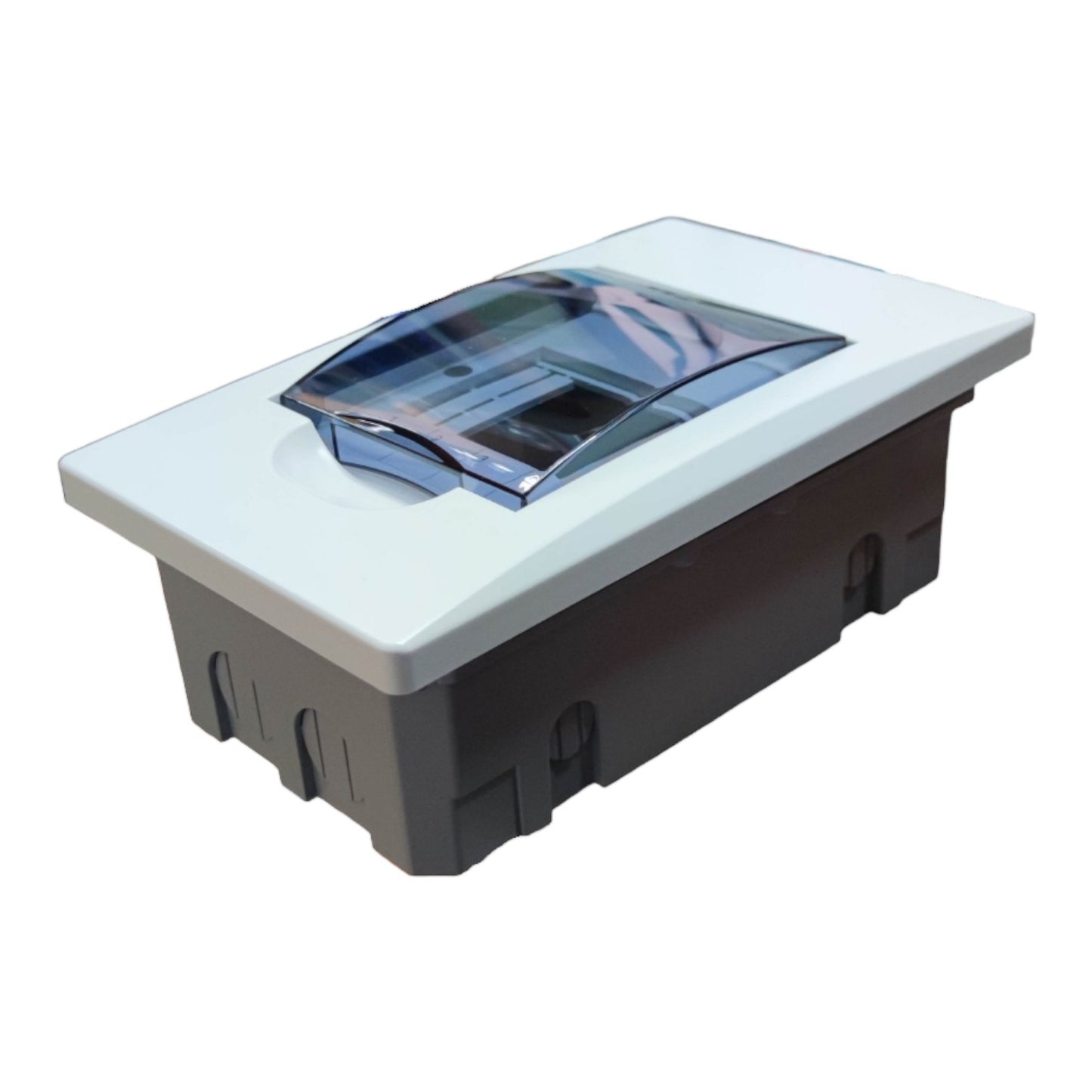 A rectangular outdoor light fixture with a white top cap, a dark gray base, and a translucent blue-tinted lens on top, shown against a plain white background.
