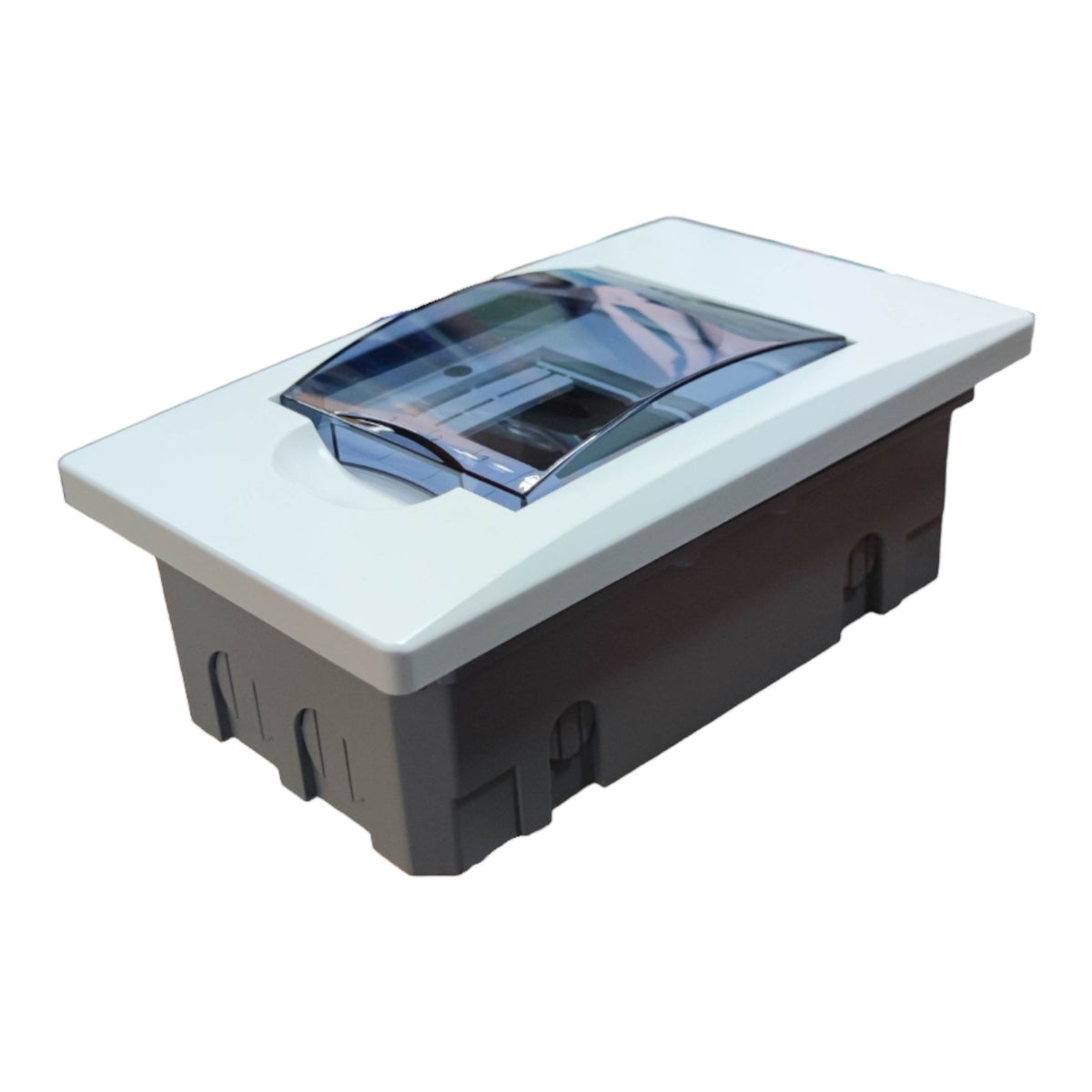 A rectangular outdoor light fixture with a white top cap, a dark gray base, and a translucent blue-tinted lens on top, shown against a plain white background.