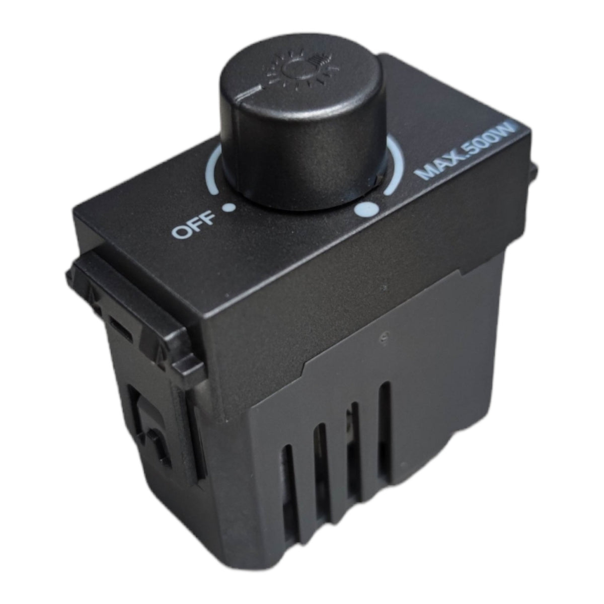 A black plastic automotive temperature control switch with a large central rotary knob, featuring 'OFF' and 'MAX 500W' markings on a white background.