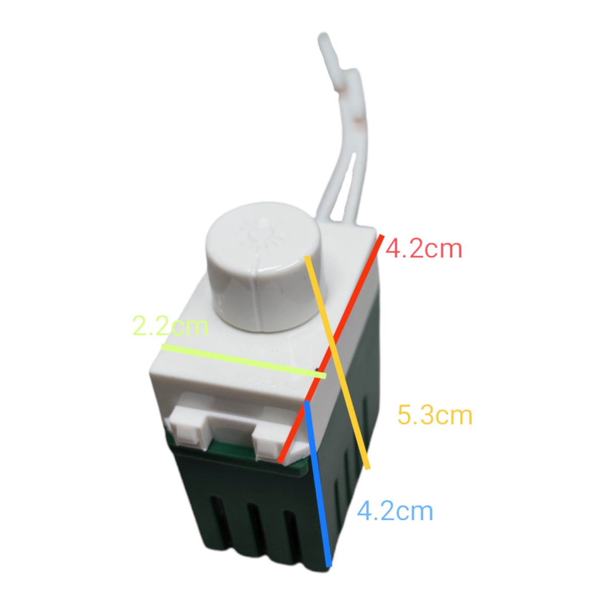 A small plastic component shown on a white background with colored measurement lines and labels indicating dimensions in centimeters.