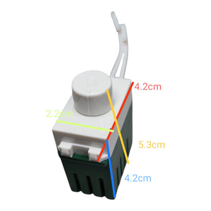 A small plastic component shown on a white background with colored measurement lines and labels indicating dimensions in centimeters.