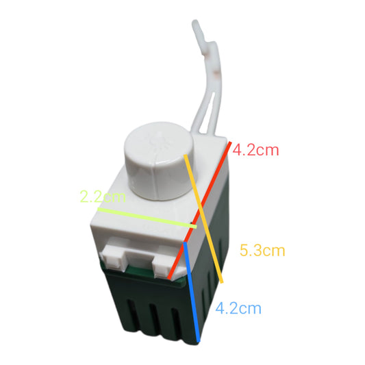 A small plastic component shown on a white background with colored measurement lines and labels indicating dimensions in centimeters.