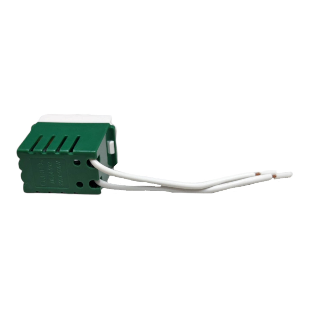 A green plastic electrical relay component with two white wires extending from the side, shown against a plain white background.