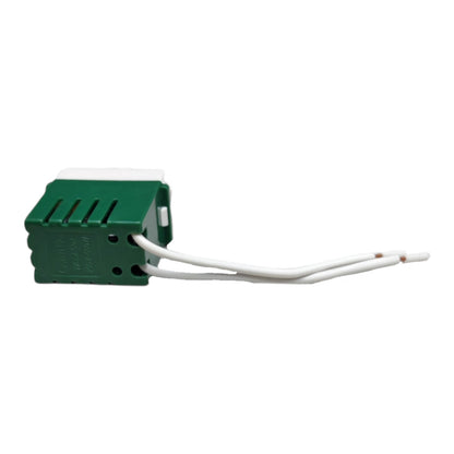 A green plastic electrical relay component with two white wires extending from the side, shown against a plain white background.