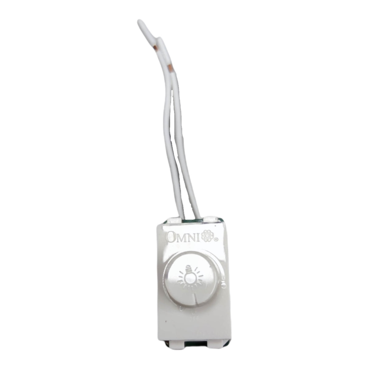 An Omni brand white plastic light switch module with a single round dial and two wire leads, shown against a plain white background.