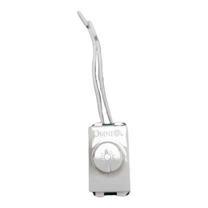 An Omni brand white plastic light switch module with a single round dial and two wire leads, shown against a plain white background.