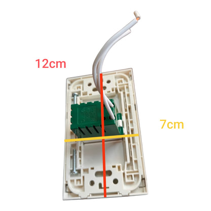 A wall switch module with a green internal component and white wires, shown with dimension annotations indicating 12cm height and 7cm width on a plain white background.