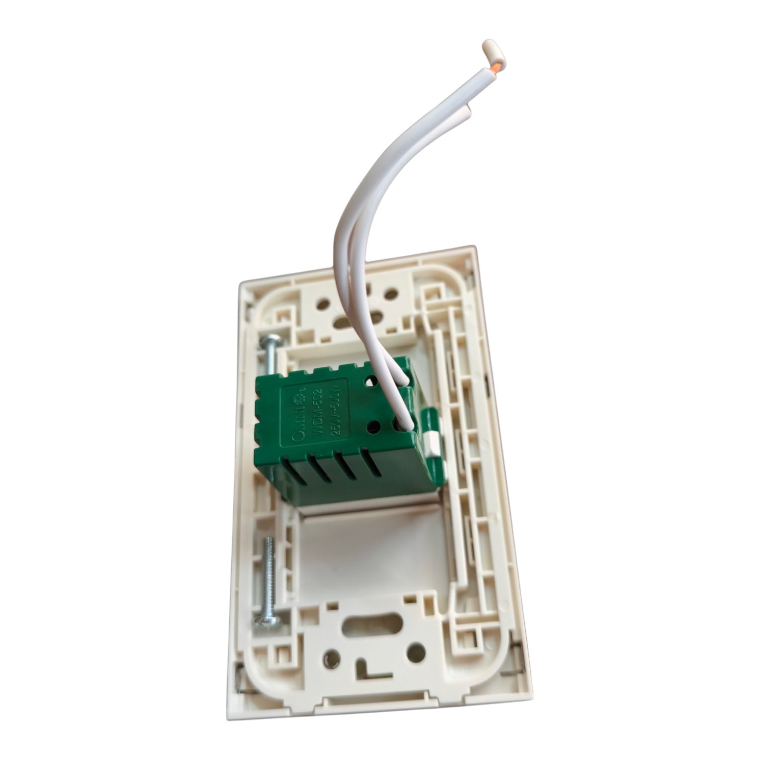 An off-white plastic electrical switch socket base with a green terminal block and two white wires, shown against a plain white background.