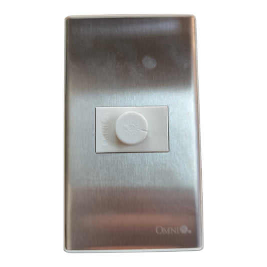 A brushed stainless steel smart light switch plate by OMNI, featuring a central white square button with a circular light icon and the word 'ON'.