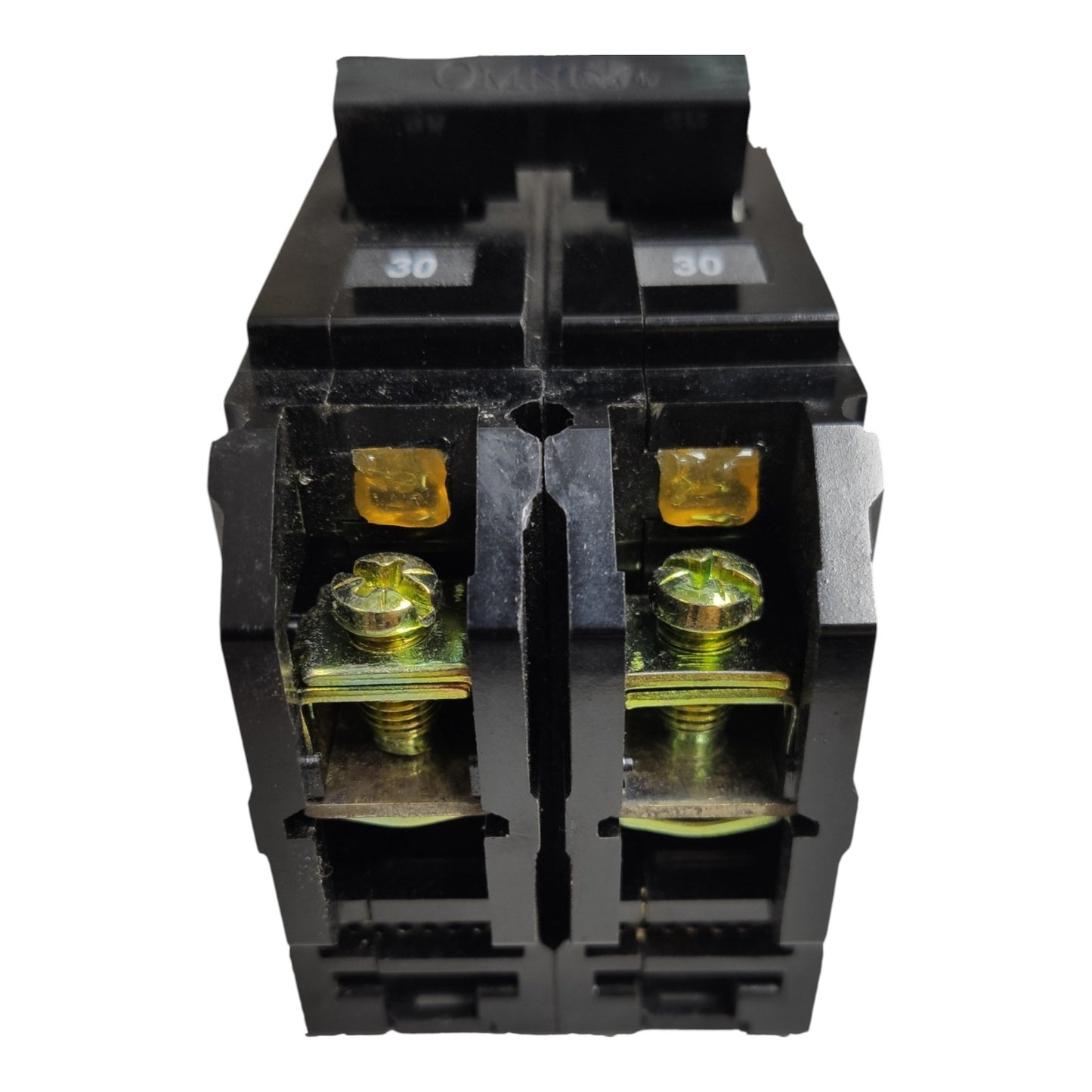 A black double-pole electrical breaker with gold-colored metal screw terminals and small white '30' markings on the top, shown against a plain white background.