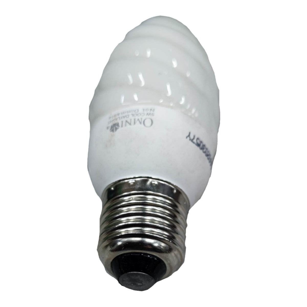 A spiral CFL light bulb with a silver screw base, featuring printed text including 'OMNI' and '10W 220V'.