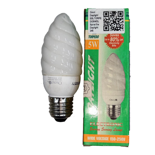A spiral-shaped white CFL light bulb next to its green and orange retail packaging box, featuring the TOPEDO brand name and a 5W rating.
