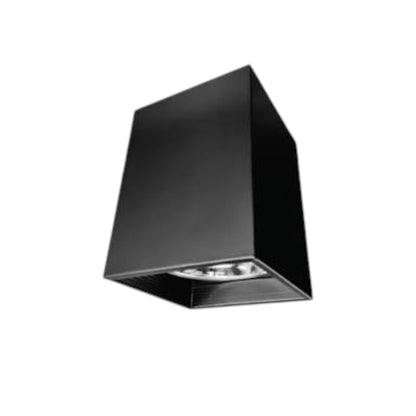 A modern black geometric wall or ceiling light fixture with a tapered rectangular design and a visible silver reflective interior, shown against a plain white background.