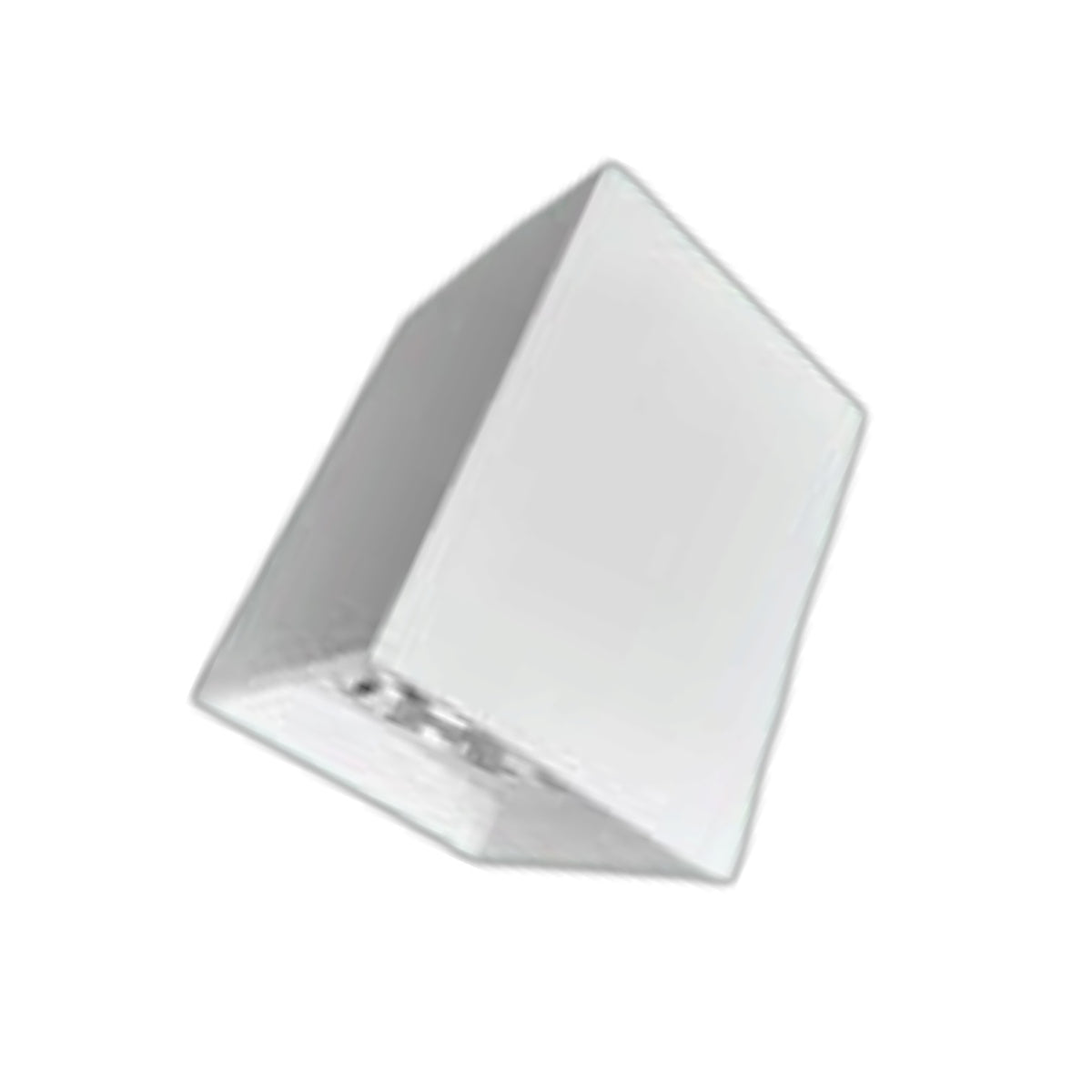 A white square wall sconce with a tapered, geometric design and a visible light bulb inside, shown on a plain white background.