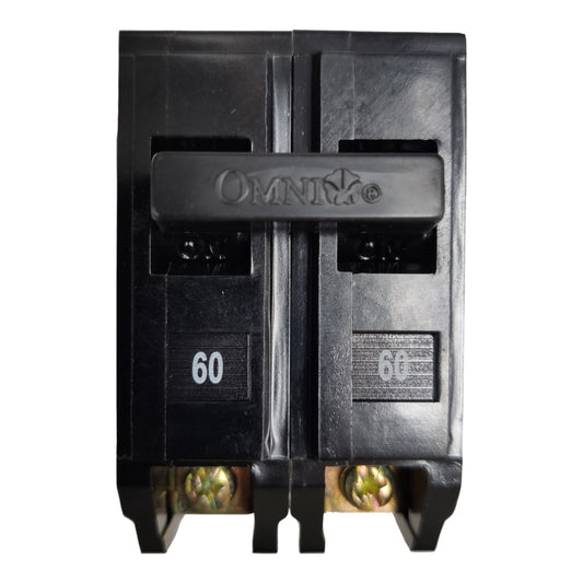 An Omni brand 60A black plastic double-pole circuit breaker shown from the front against a white background.