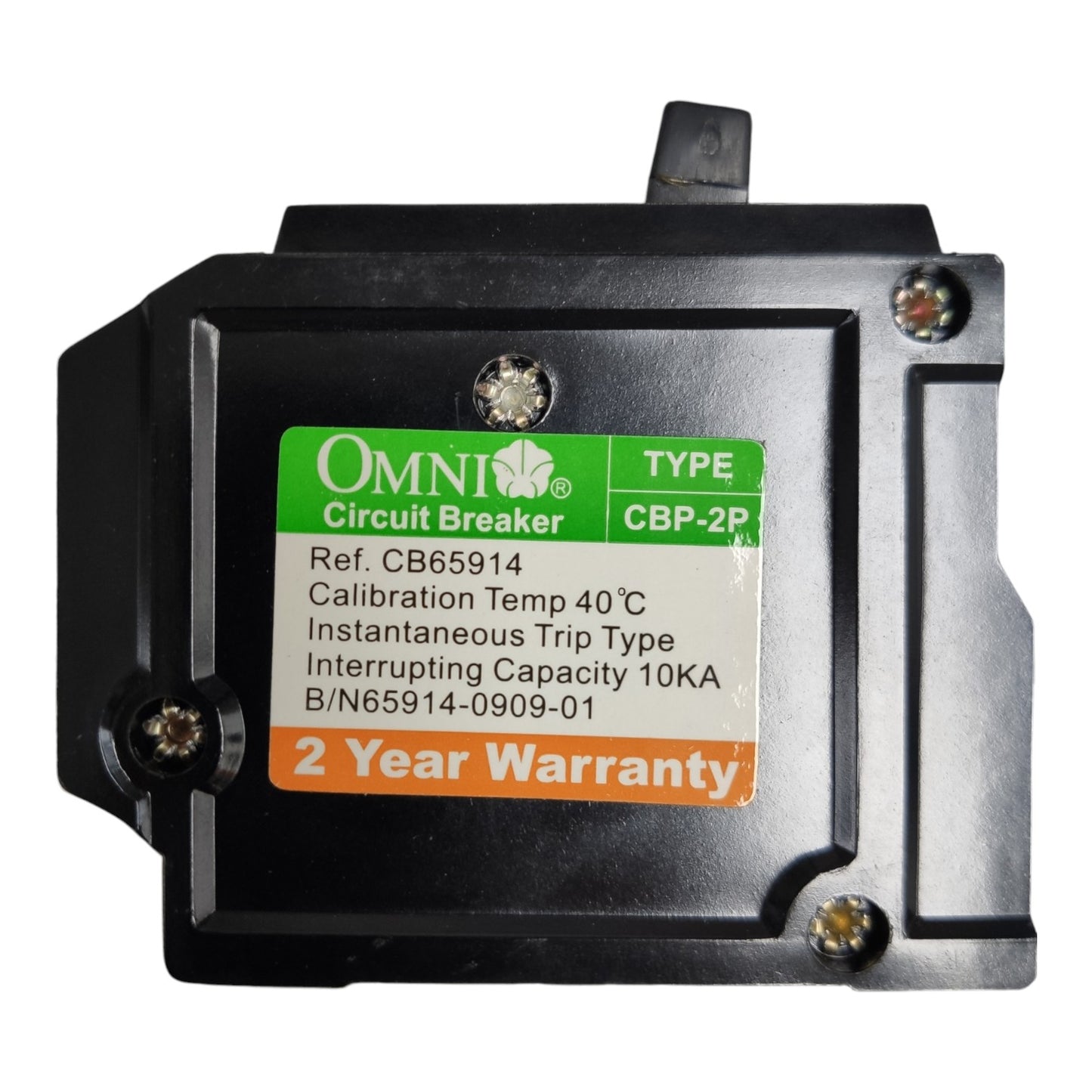An Omni Circuit Breaker CBP-2P unit in black plastic, featuring a green, white, and orange label with product specifications and a 2-year warranty.
