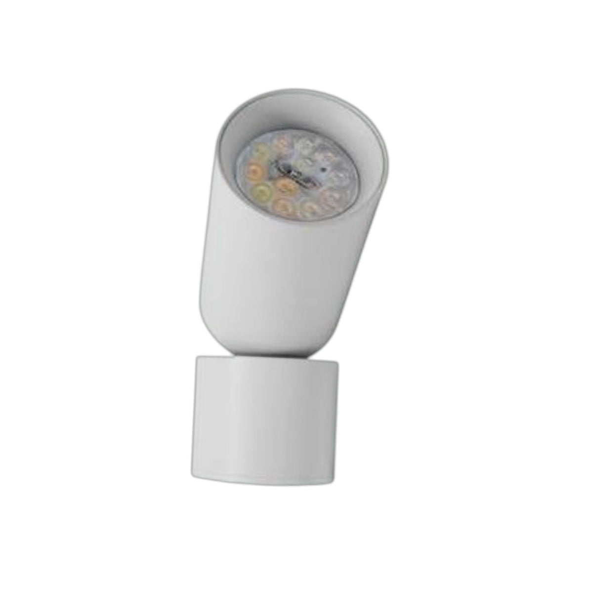 A modern white LED spotlight with a cylindrical base and a rotating head showing multiple color-changing LED chips inside, set against a plain white background.