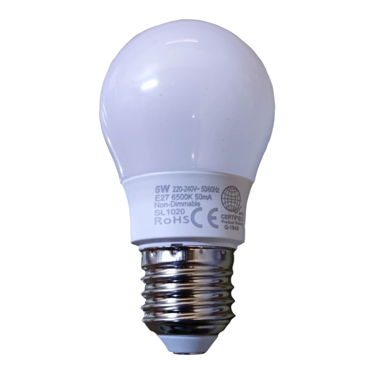 A 6W LED A19 bulb with a white frosted glass dome and a silver-colored metal screw base, shown against a plain white background.