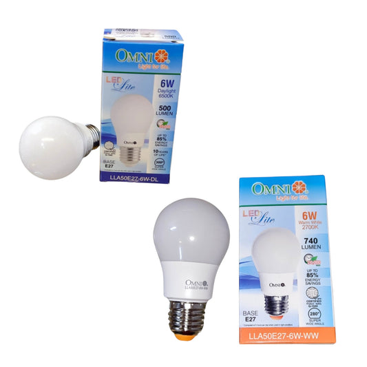 Two OMNI LED Life 6W LED light bulbs with their retail packaging boxes on a plain white background, showing different color variants.