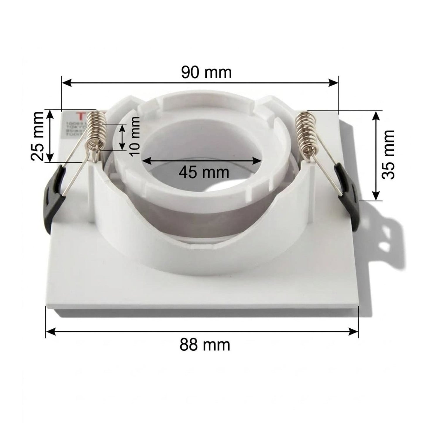A white recessed light fixture shown with overlaid dimension lines and measurements including 90 mm, 88 mm, 45 mm, 35 mm, 25 mm, and 10 mm on a light gray background.