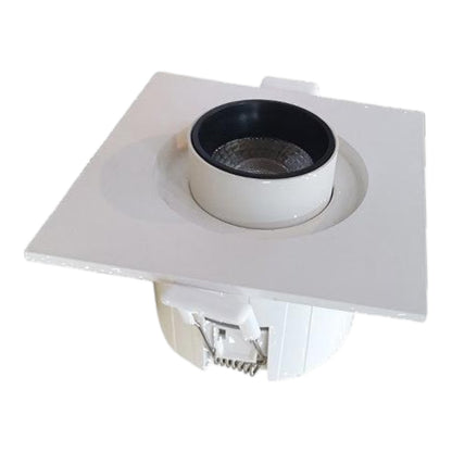 A square white recessed light fixture with a circular black inner trim and a white metal reflector, shown on a plain white background.