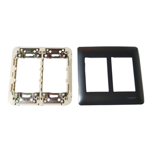 A two-gang double socket electrical wall plate kit showing a black front cover plate on the right and the internal white backplate with circuitry on the left, set against a plain white background.