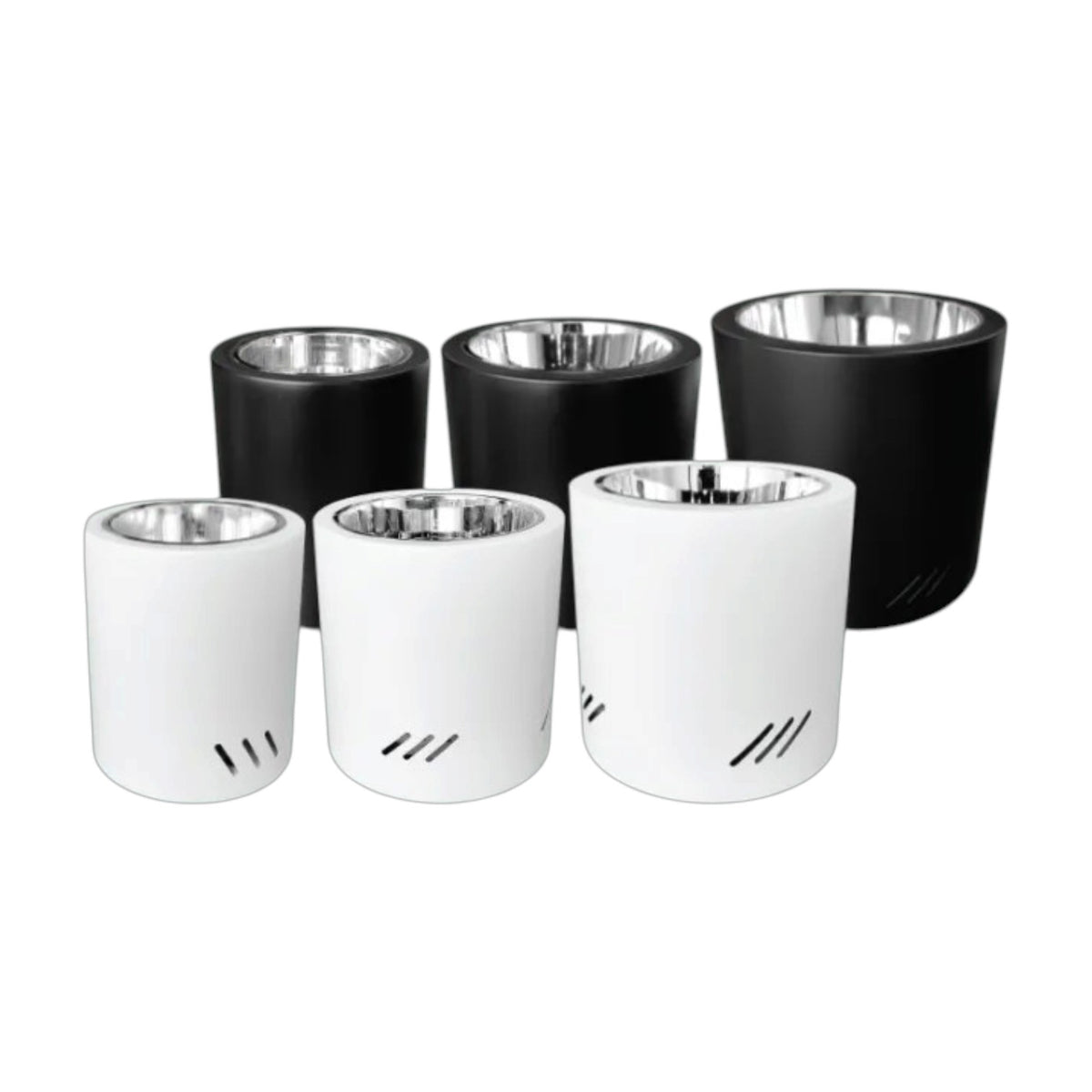 Five cylindrical cup-like containers arranged on a white background, with three black outer bodies and two white outer bodies, each with a metallic silver interior.