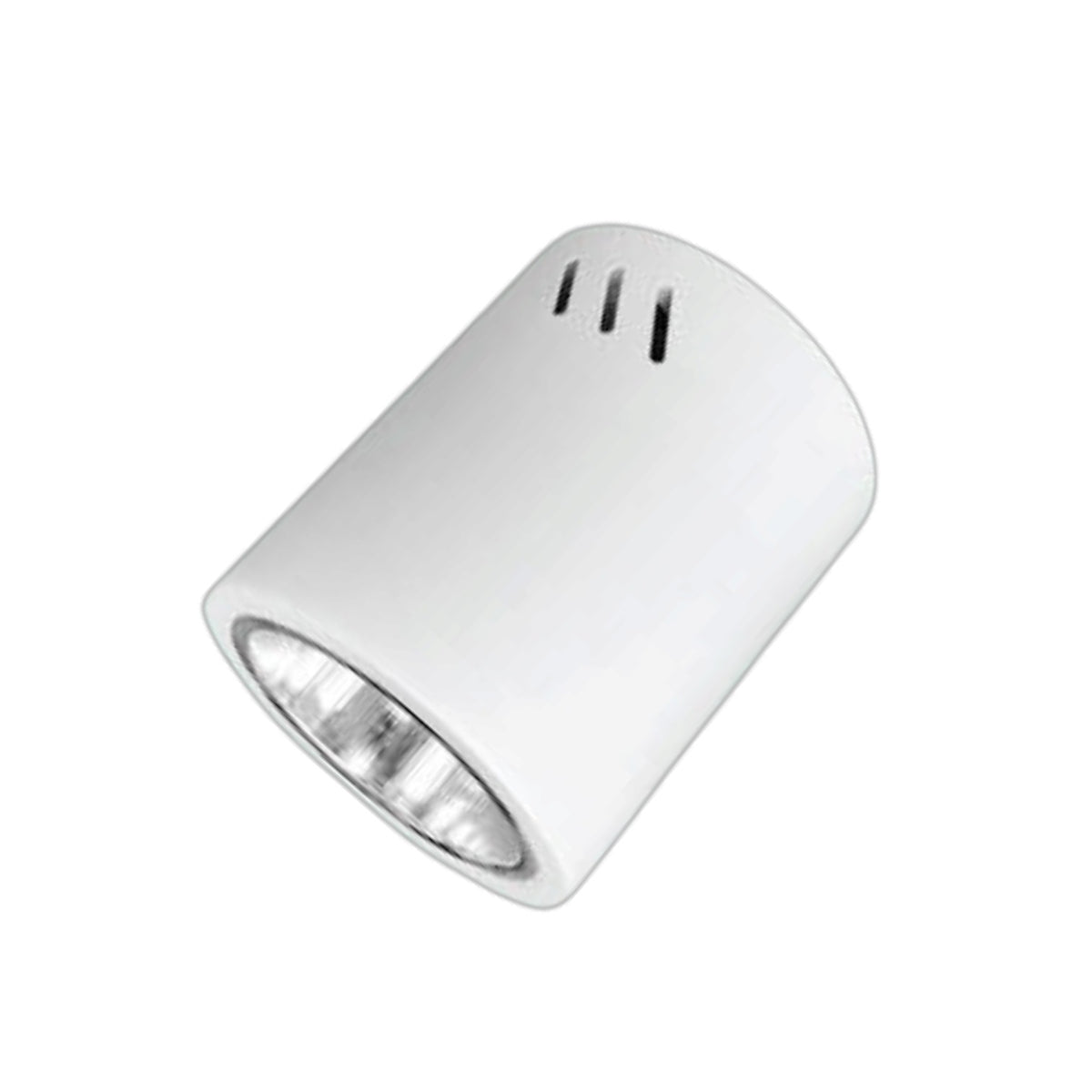A white cylindrical LED light fixture with a silver reflective interior and three small ventilation slots on top, shown on a plain white background.